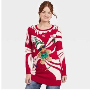 NWT 33 Degrees Ugly Christmas Sweater Gingerbread‎ Man Candy Cane Lights Red XL